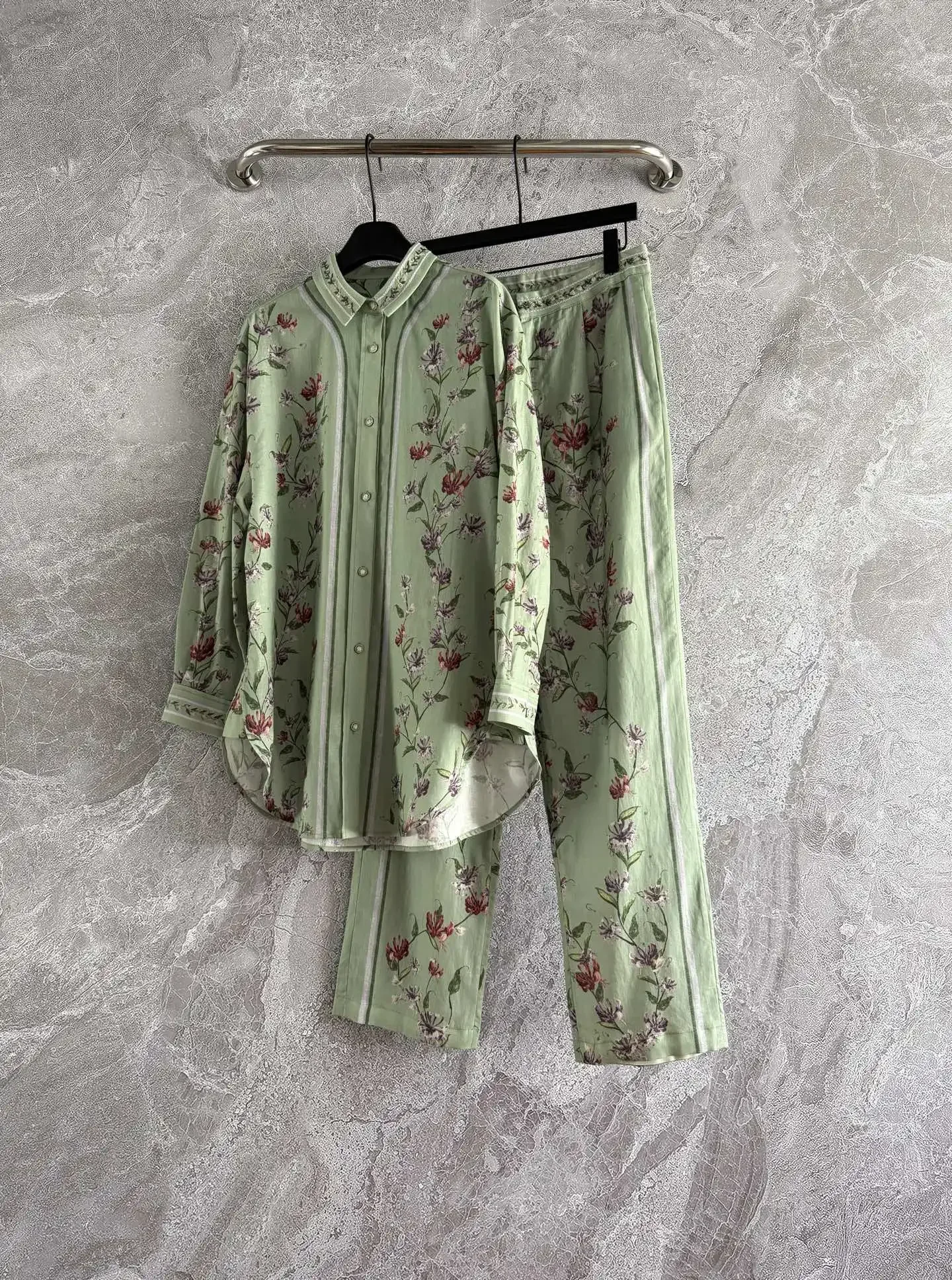 

Women Green Flower Print Embroidery Set 2025 New High Waist Wide Leg Pants + Single Breasted Long Sleeve Shirt Loose Linen Suits