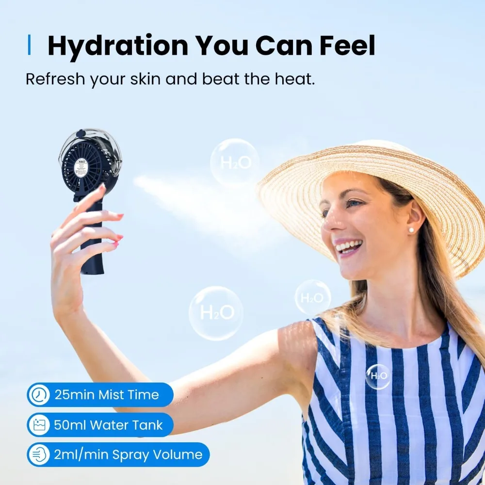 مروحة رذاذ محمولة - 4000 مللي أمبير قابلة لإعادة الشحن، خزان مياه 50 مل، قابل للطي 180 °   مروحة شخصية محمولة، 3 سرعات، شاحن محمول fo