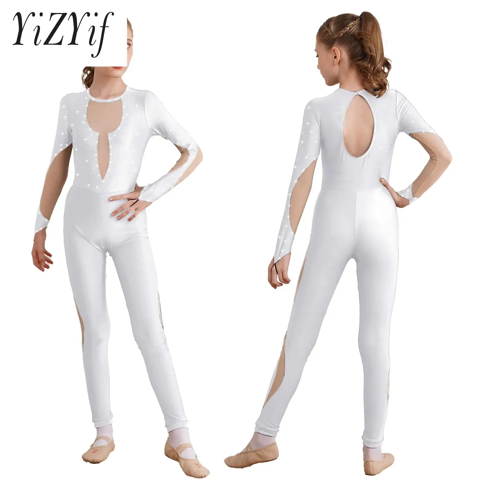 

Kids Girls Shiny Gymnastics Ballerina Unitard One Piece Figure Ice Skating Bodysuit Long Sleeve Mesh Patchwork Dance Jumpsuit