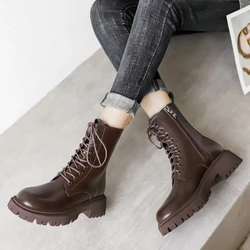 Short Plush Motorcycle Boots Woman Brown Pu Leather Ankle Boots for Women 2022 Autumn Winter Vintage Lace Up Botas Shoes