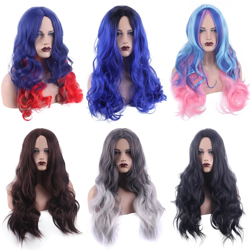 

Women's curly wig with big waves, middle-parted bangs, straight , elegant long hair, mixed colors, slightly wavy, reali