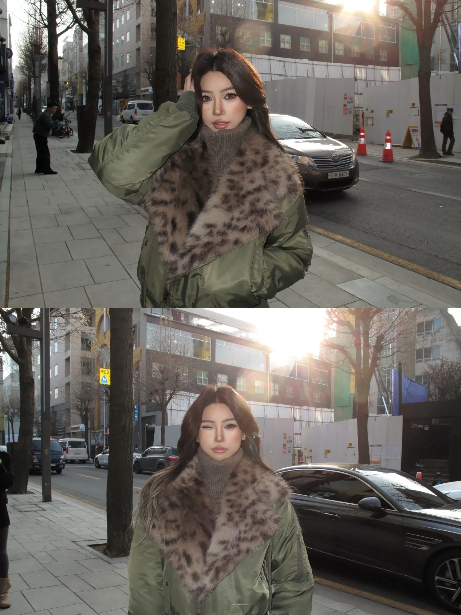 

Thickened Short Flight Jacket Women's Style Lazy Bear American Leopard Print Collar Cotton Coat Winter Green Military Jacket