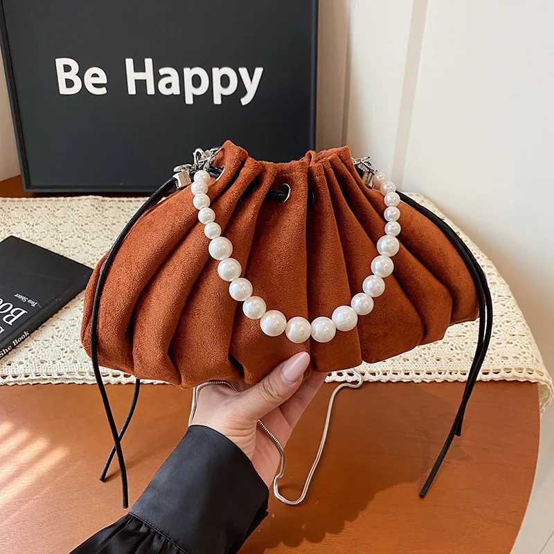 

Women's Maillard Style Suede Bag | Pleated Drawstring Tote, Fashion Pearl Decor Chain Crossbody Bag