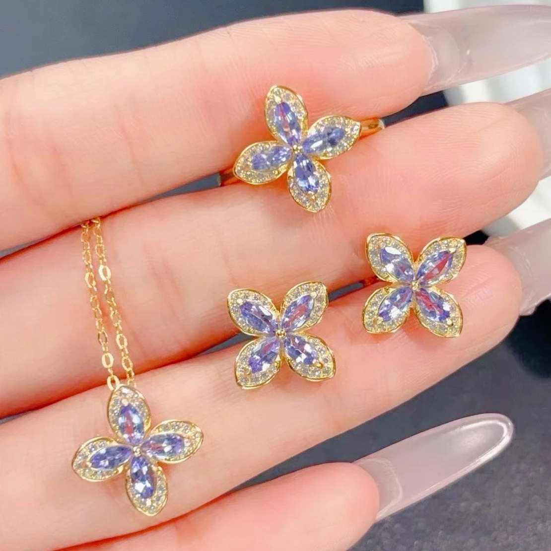 

925 Sterling Silver Natural Tanzanite Jewelry Set for Women 2.5x5mm Flower Design Silver Necklace & Earrings Fine Jewelry Gift