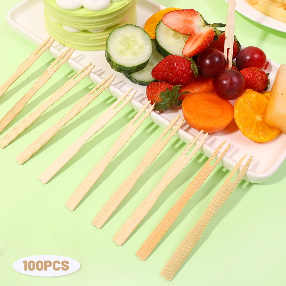 100pcs/pack Wooden Disposable Bamboo Fork Fruit Fork for Dessert Cakes Snacks Party Home Restaurant Decor Tableware Supplies