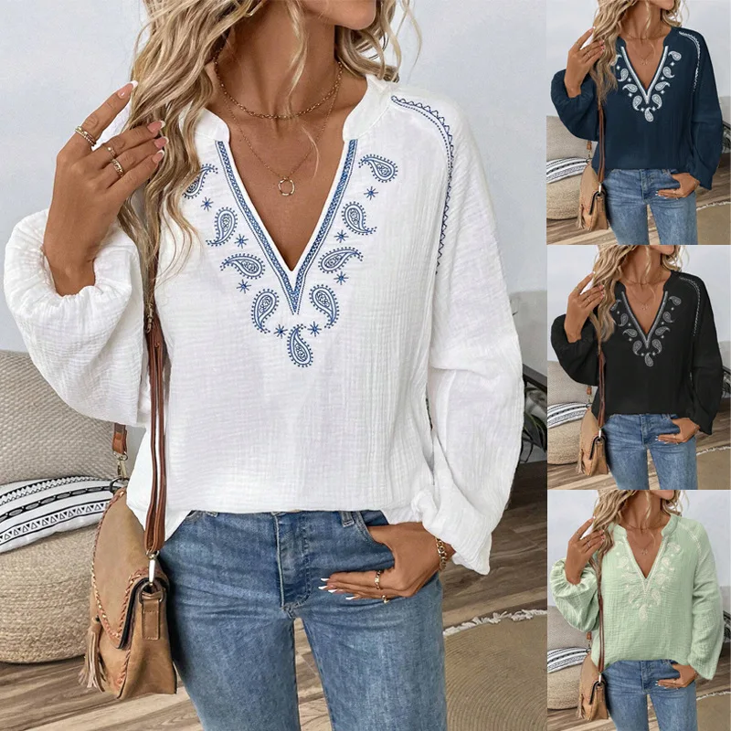 New Womens Boho Paisley Embroidered Split V-Neck Balloon Sleeve Casual Blouse Top for Spring Summer