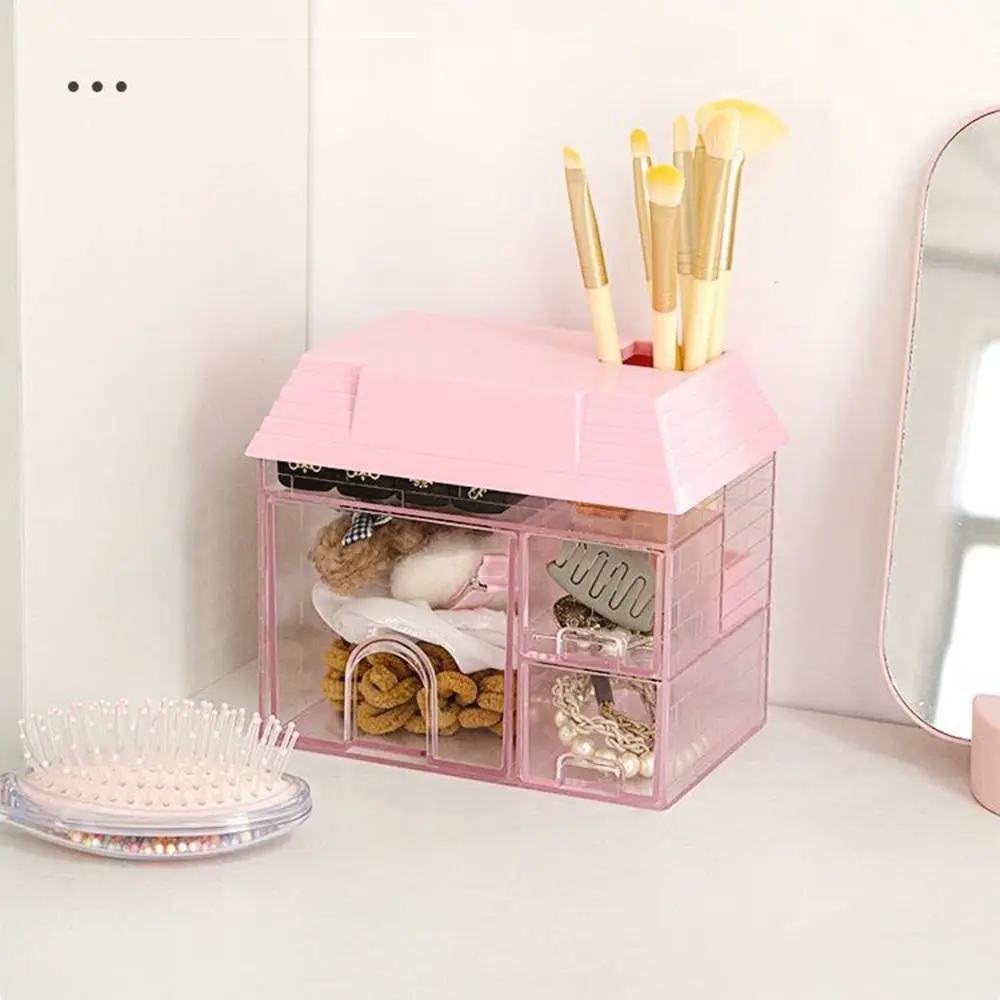 Transparent Desktop Storage Box Multiple Grids House Shape Small House Pen Holder Visible Space Saving Cosmetic Organizer Makeup