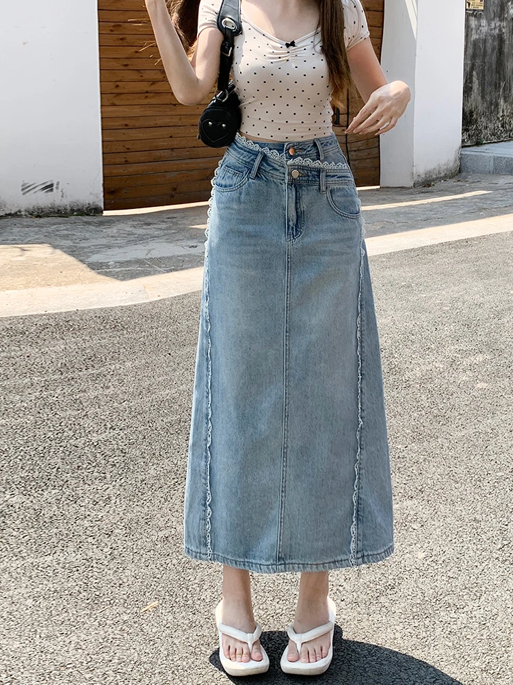 

High Waist Slit Denim Skirt Women's 2025 Summer New Design Lace Trim A-Line Wrap Mid-Length Skirt Cotton Blend Fabric