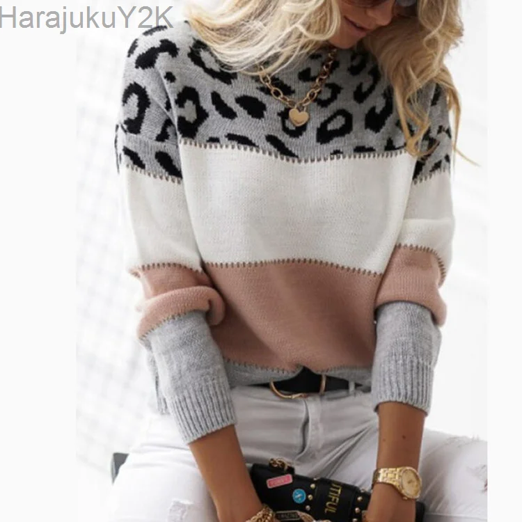 

Leopard Women's Sweater Fashion Long Sleeve Tops Knitted Pullovers Pink Knitwears Autumn Winter Clothes For Women 2024