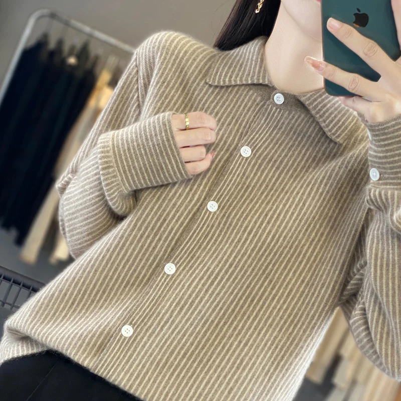 Women\'s Thin Style Shirt Soft Cotton Wool Blend Polo Collar Shirt Business Casual Knitted Blending Pullover  Women Loose Fit Top