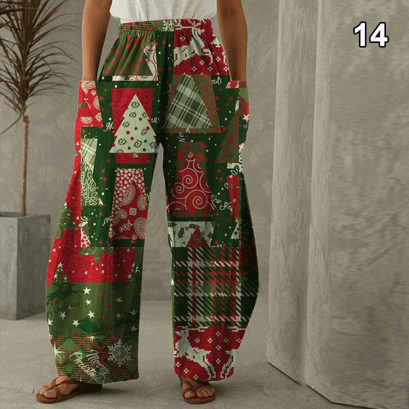 Unisex Christmas Digital Printing Pants Cartoon Fashion Loose Casual Big Pockets Wide Leg Pants Christmas Lantern Trousers