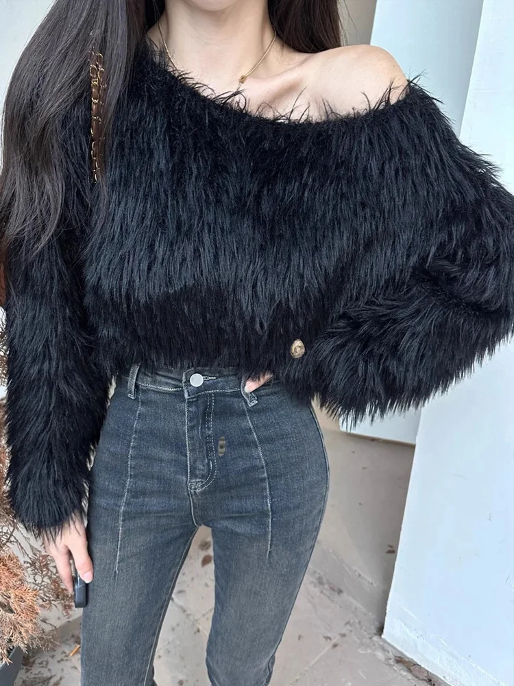 가을 겨울 여성용 긴 소매 오프 숄더 퍼지 스웨터, 푹신한 크롭 풀오버 Y2K 엣지 파티 패션