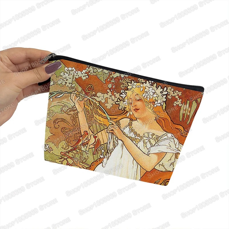 Alphonse Mucha Print Cosmetic Case Oil Painting Makeup Bag Women Outdoor Multifunction Travel Cosmetic Bag Toiletry Bags Gift