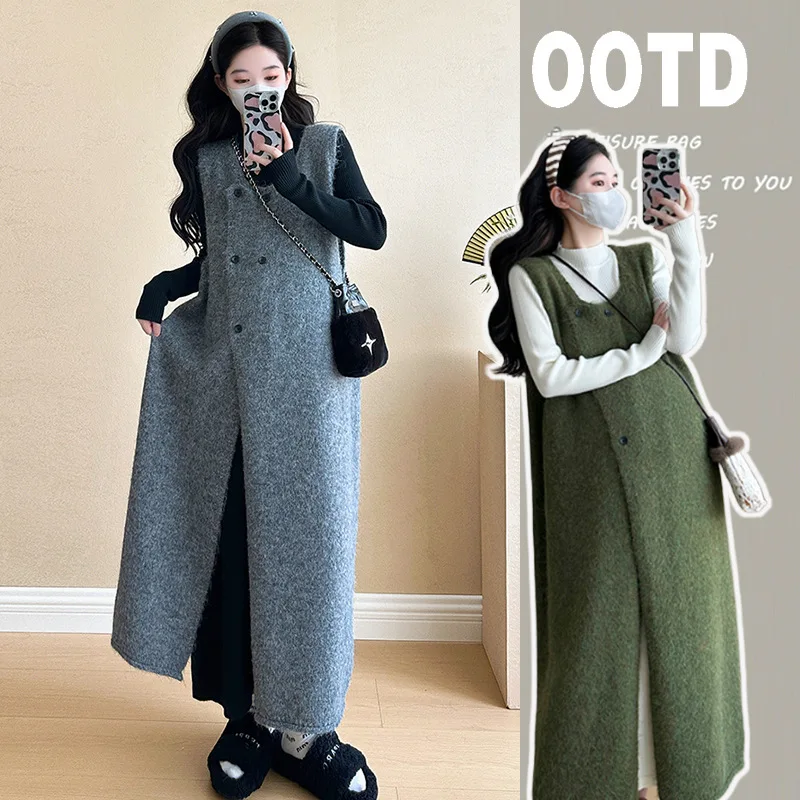 

Autumn Winter Maternity Clothes Pregnant Woman Loose Sweater Vest Grey or Green Suspenders Dress Before And After Pregnancy Wear