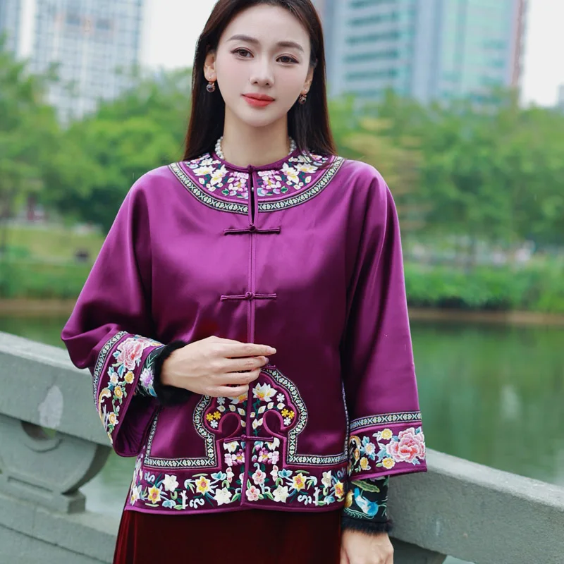 High-end Satin Acetate Women Jacket Top Embroidery Flowers and Birds Tang Suit Elegant Lady Loose Coat Female S-XXL