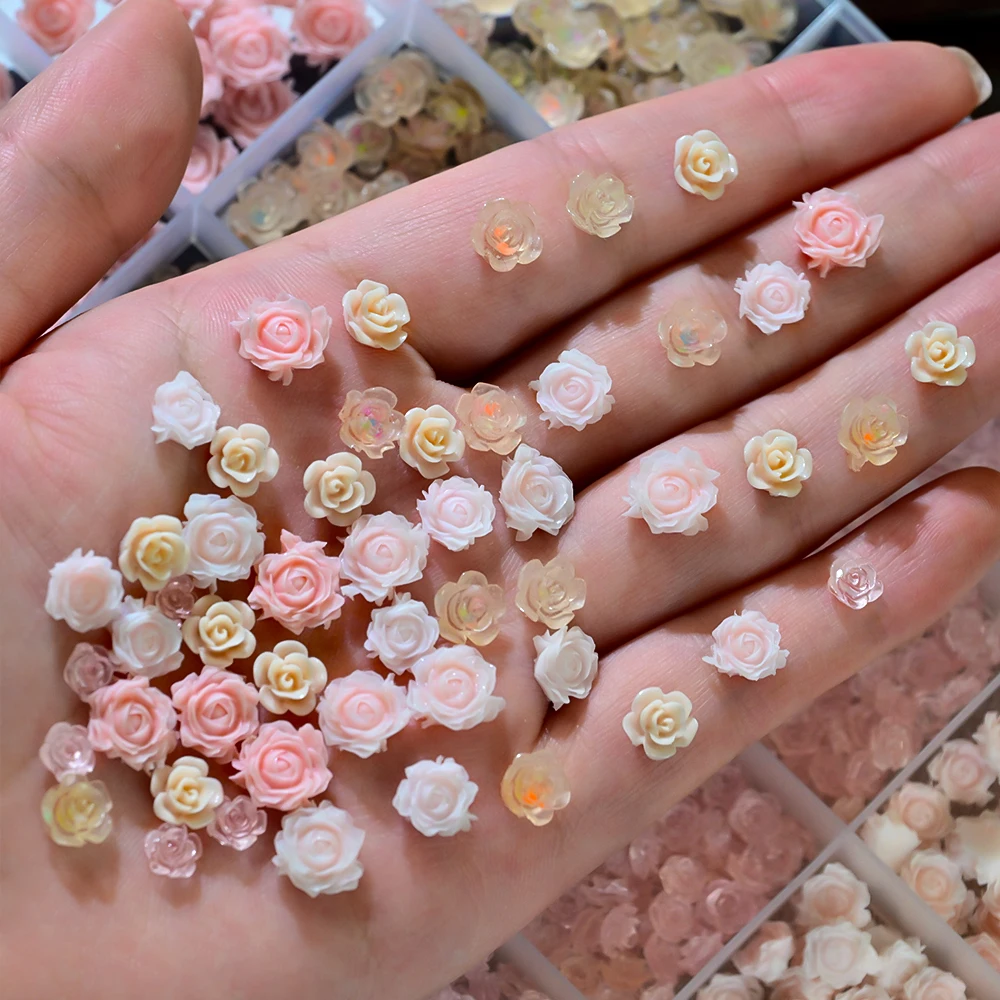 

24 Grids/Box 3D Resin Rose Flower Nail Charms Champagne Pink Camellia Rose Nail Art Decoraton Sweet Floral Manicure Accessories