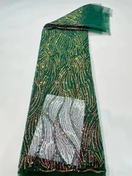 Heavy Handmade Beaded Lace Fabric Glitter Sequence 2024 High Quality Luxury Crystal Beads Bridal Green Mesh African Tulle Sequin