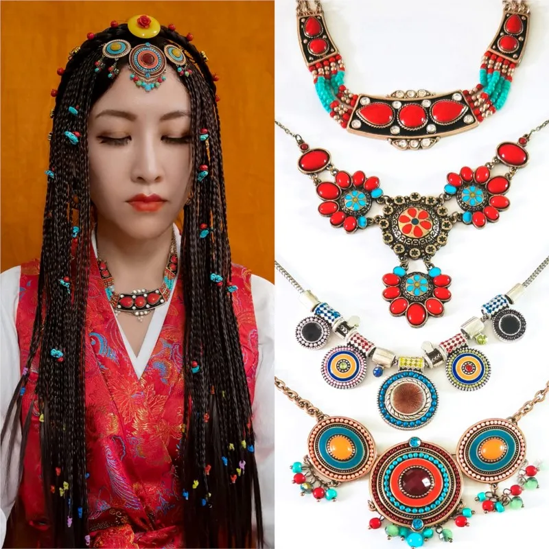 

Hair Accessories Headdress Alloy Tibetan Necklace Ethnic Style Fresh Gold-Plated Dripping Oil Colored Glaze Set Pendant