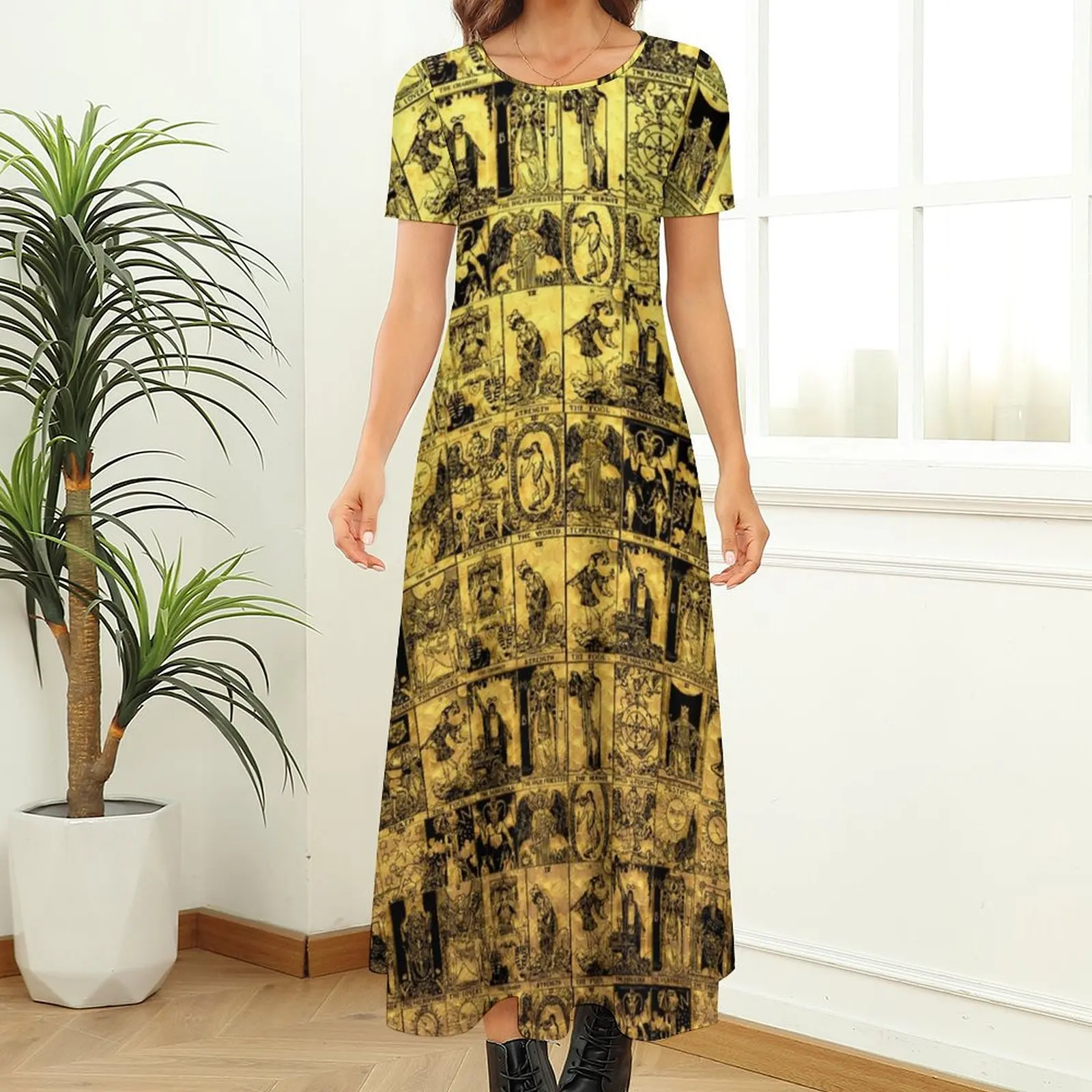 Gold And Black Tarot Dress Major Arcana Print Beach Maxi Dress Ladies Short Sleeve Street Wear Bohemia Long Dresses Big Size