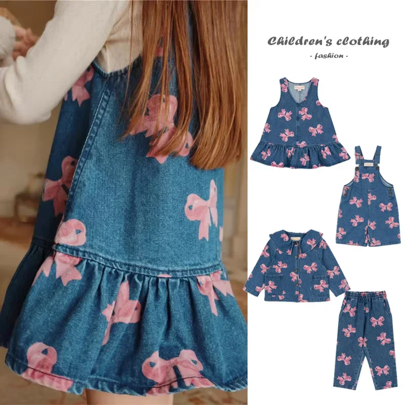 2025 جديد الدنيم الأطفال مجموعة KS لطيف القوس طباعة طفلة الدنيم فستان موضة الصبي الدنيم سترة بوتيك ملابس الأطفال