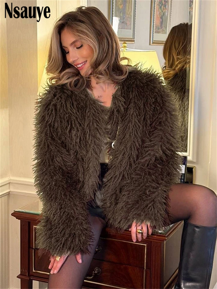 

Nsauye 2025: толстая теплая укороченная куртка из искусственного меха с длинными рукавами, зимняя одежда, модные элегантные новые пальто, женская уличная верхняя одежда