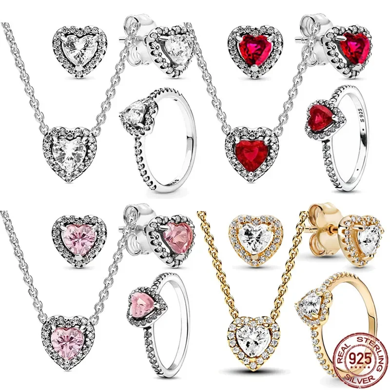 New hot selling 925 sterling silver heart-shaped necklace, earrings, rings, sparkling luxury charm jewelry set, high-end gift