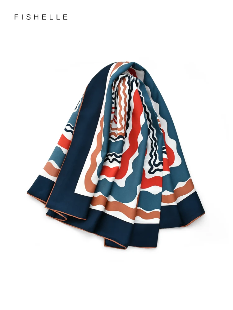 Retro red-blue curve printed luxury silk scarf women 100% real silk twill scarves wrap foulard shawl 90cm square ladies bandana