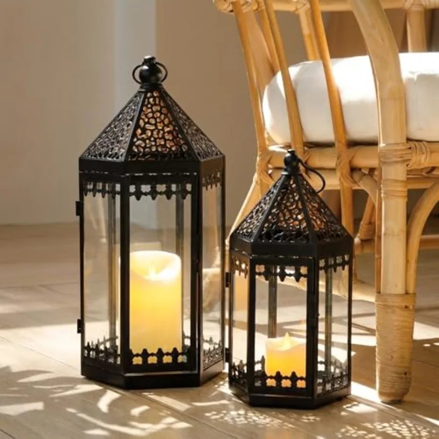 

Set of 2 Decorative Candle Lantern 16'' and 12'' High Metal Candle Holder Hanging Lanterns with Tempered Glass for Indoor Outdo