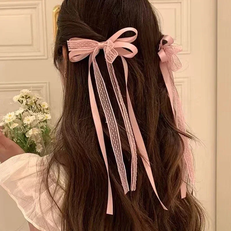 2pcs Korean Lace Bowkont Hair Clip Trend Long Ribbon Hairpins Barrettes Headband for Girls Hair Accessories Wedding Jewelry