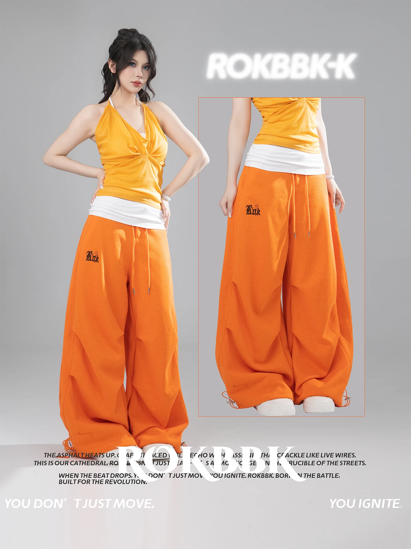 Pantalones anchos naranjas para mujer, estilo urbano, informales, holgados, versátiles, largos y fluidos, marca ROKBBK-K