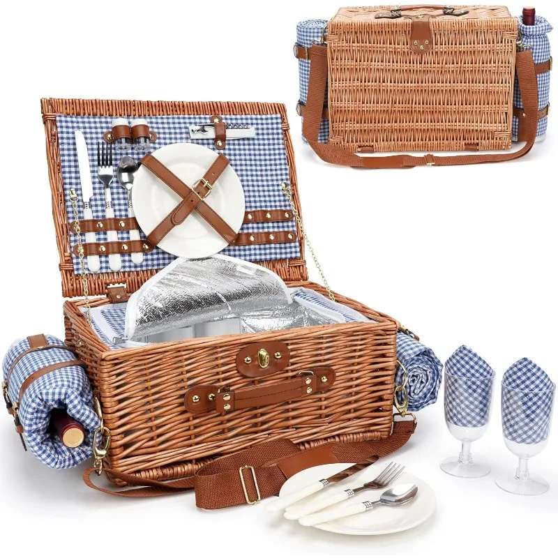 Picnic Baskets for 2,  Beach Mat & Large Insulated Cooler Compartment, Handmade Natural Wicker Hamper for Camping, Outdoor Party