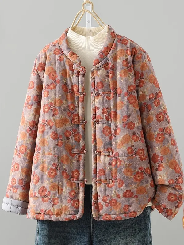 

Новая китайская хлопковая куртка с цветочным принтом, женская свободная верхняя одежда, зимнее пальто большого размера, удобная хлопковая одежда