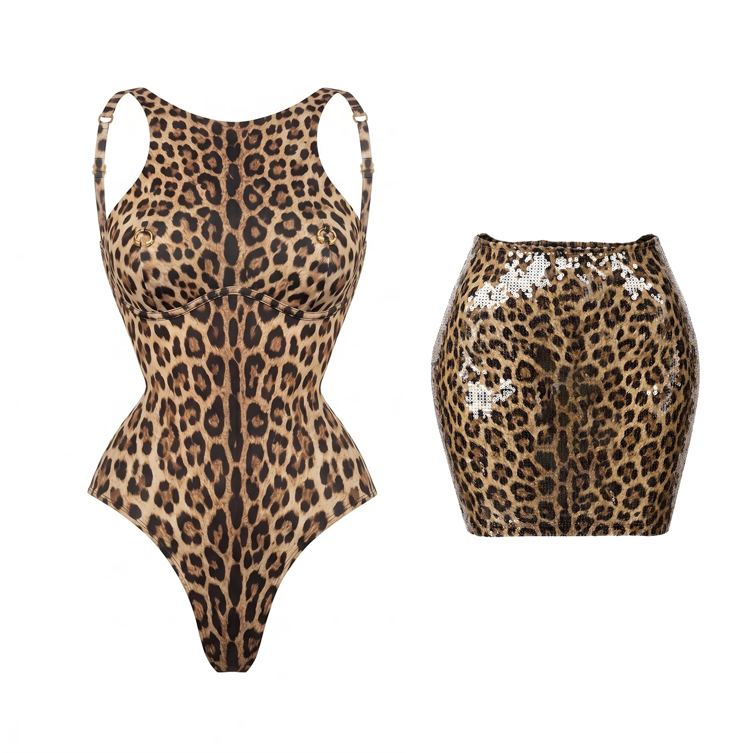 2026 2Pcs Sexy Women One Piece Swimsuit Female Swimwear Leopard Biquini Cut Out Monokini Push Up Swim Suit Bathingsuit Beachwear