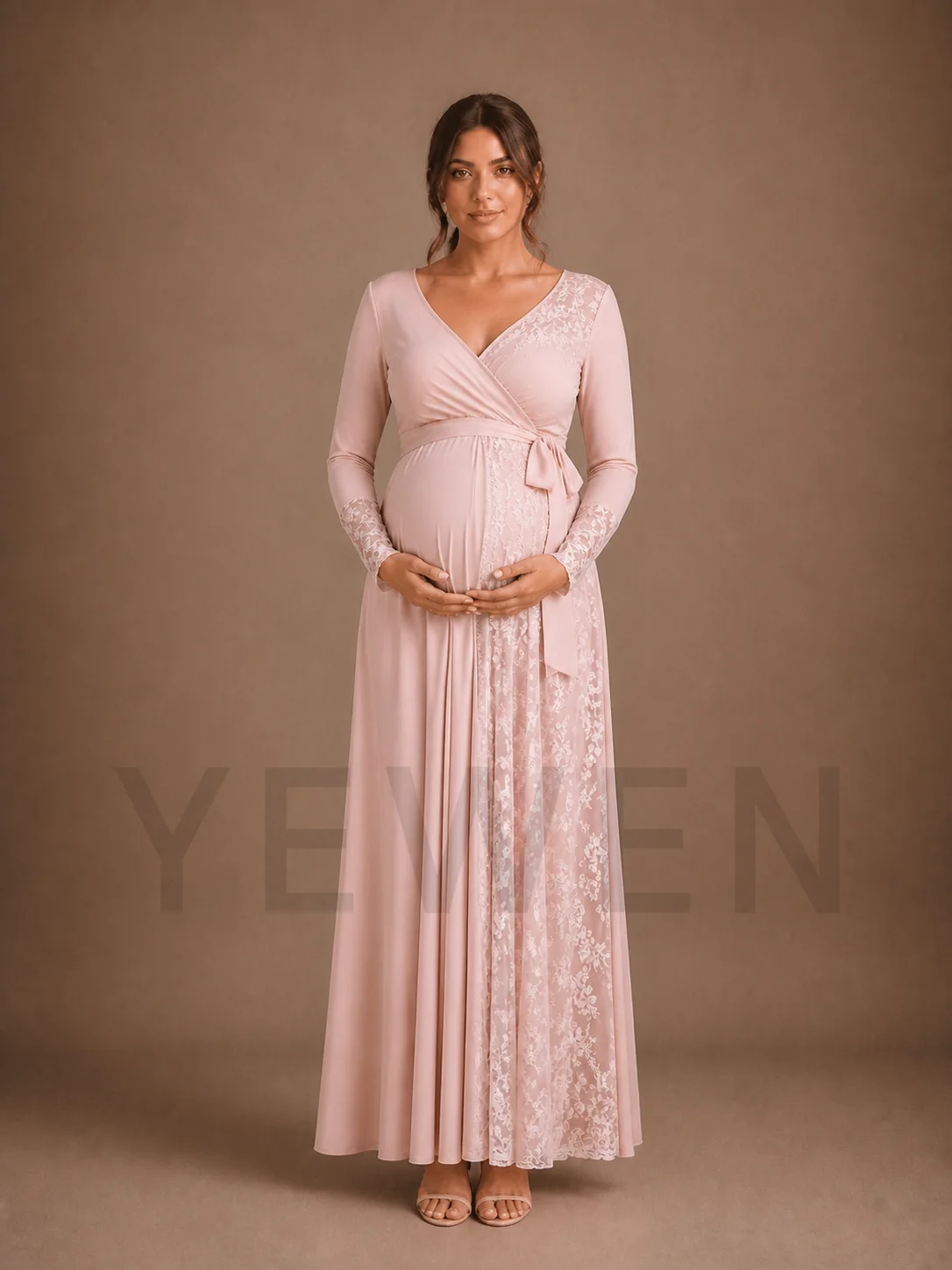 Blush Pink Wrap Maternity Baby Shower Dress V-Neck Gown with Lace Panels ZX022 view 3