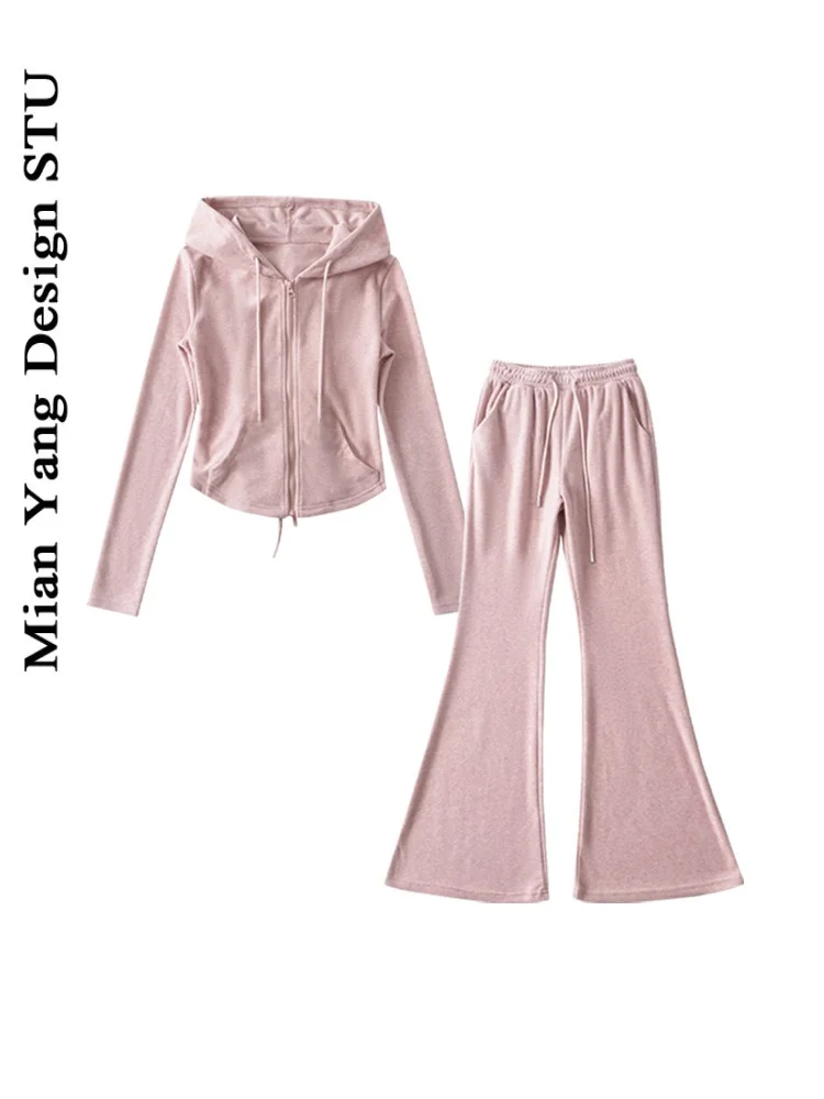 

Slimming Effect Zipper Hoodie Sweatirt with Rear Strap + Elastic High Waist Dstring Flared Pants Casual Sportswear