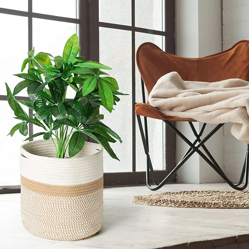 Hand Woven Straw Planter Basket Indoor Outdoor Storage Flower Pot Plant Container Laundry Bucket Home Living Room Decoration