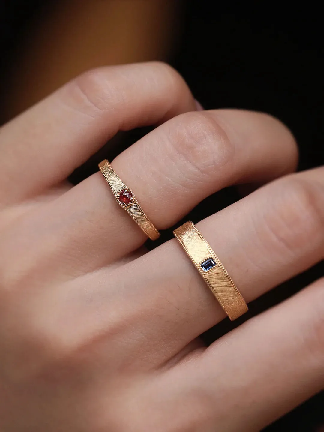 Designer Custom Ruby & Sapphire Brushed Texture 18K/14K Couple Rings, Luxurious Wedding/Engagement Bands for Him & Her