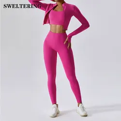 3 pezzi tuta da donna Yoga Set allenamento abbigliamento sportivo abbigliamento da palestra Fitness manica lunga Crop Top Leggings a vita alta tute sportive