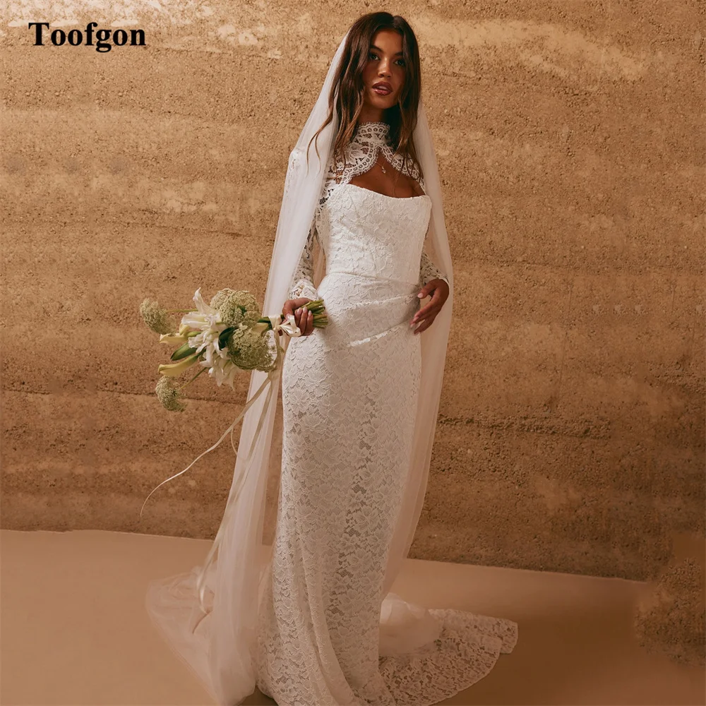 Toofgon Ivory Lace Bride Wedding Dresses Customized Long Train Jacket Bow Fishtail Formal Party Bridal Wedding Photography Gowns