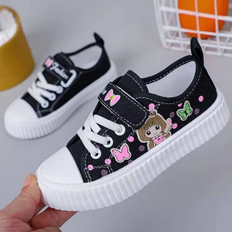 Children\'s Cute Cartoon Canvas Shoes Girls\' Flat Bottomed Casual Sports Shoes Students Lightweight Running Board Shoes Sneakers