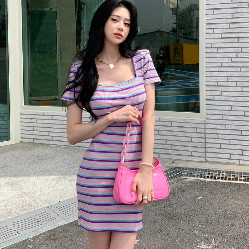 2023 Summer Formal Knitted Dresses Colorful Striped Short Sleeve Sweater Dresses Fashion Elegant Slim Bodycon Party Dress