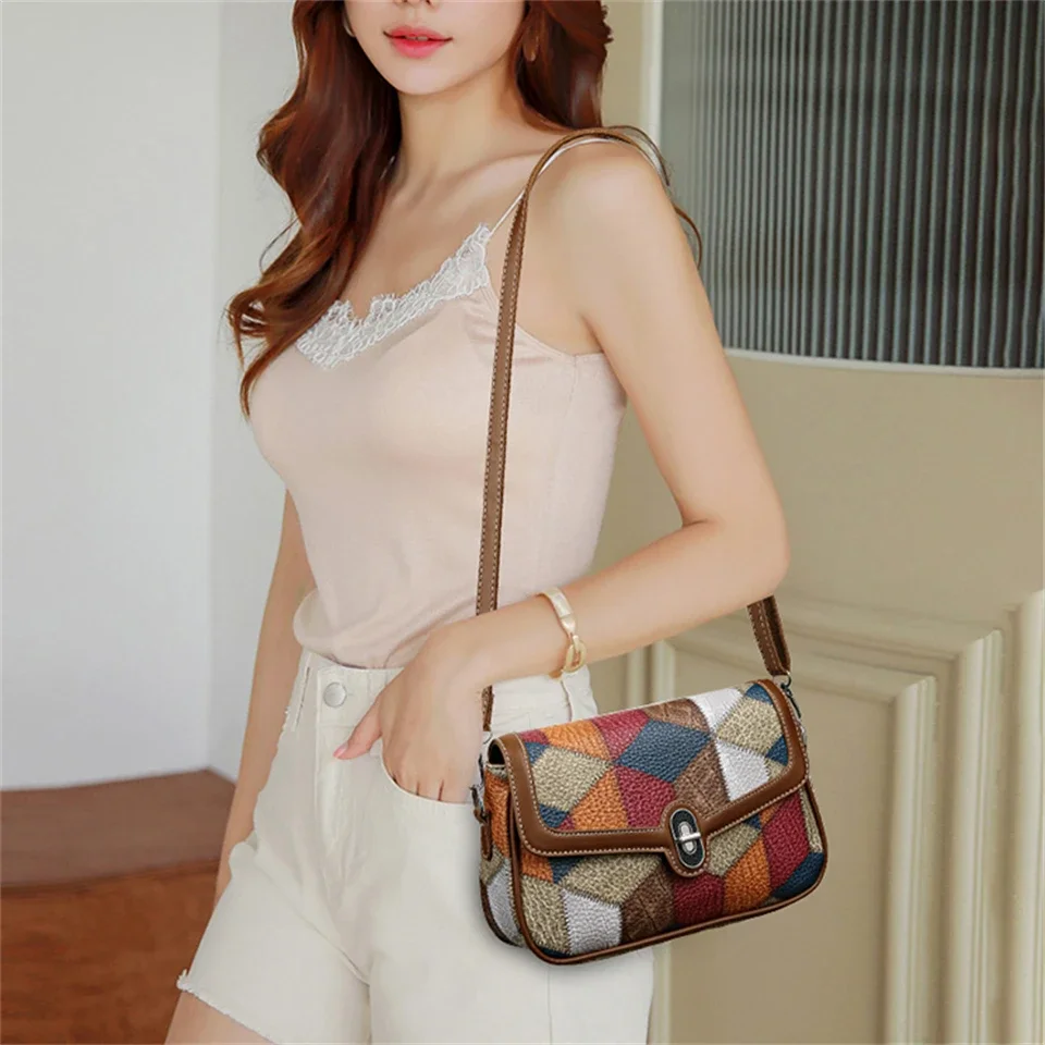 Ladies Messenger Bag New Color Splicing New Trendy Wide Shoulder Strap Small Square Bag Retro Casual Simple Crossbody Bag