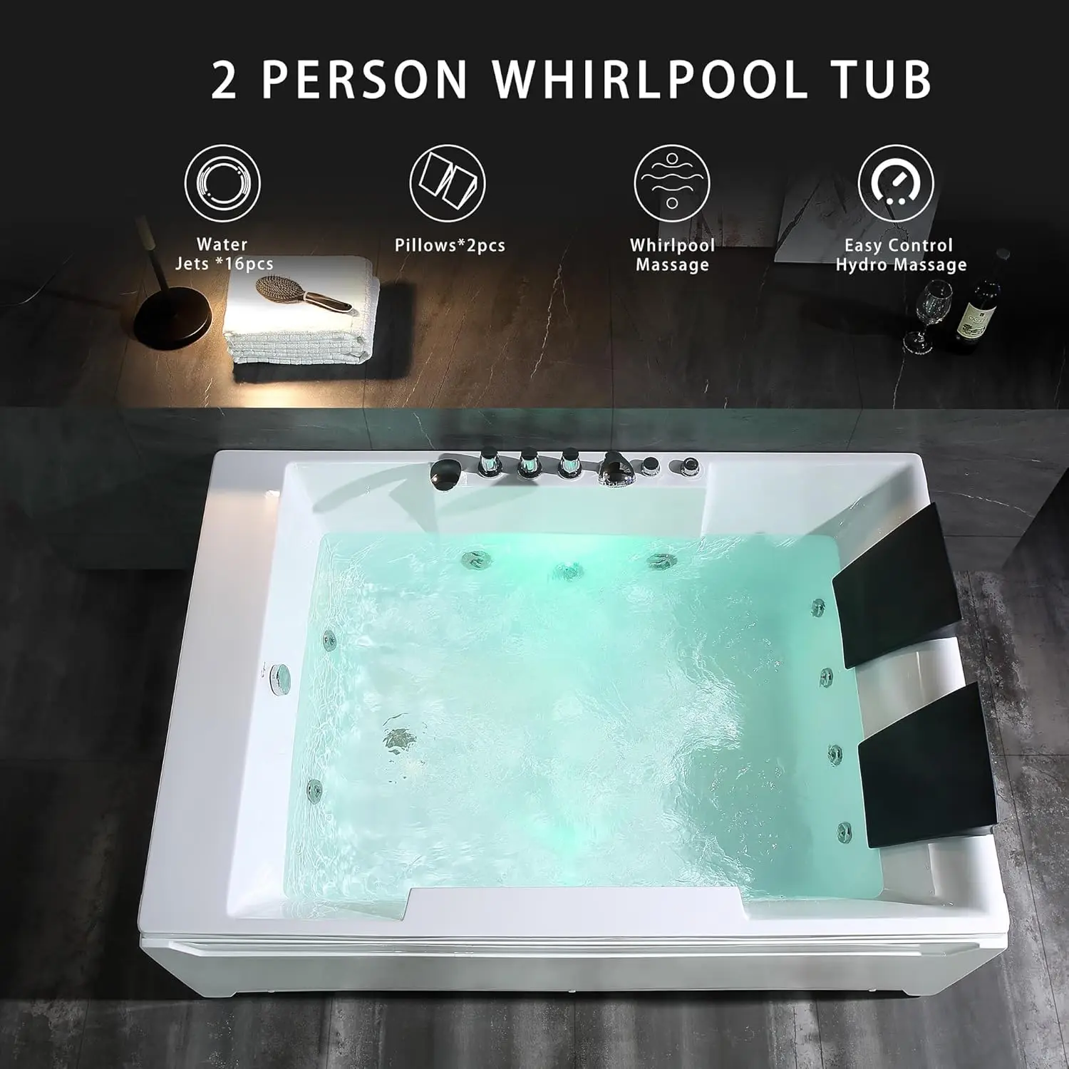 Acrylic Whirlpool Bathtub 2 Person Hydromassage Rectangular Water Jets Alcove Soaking SPA Double Ended Tub Model 2020