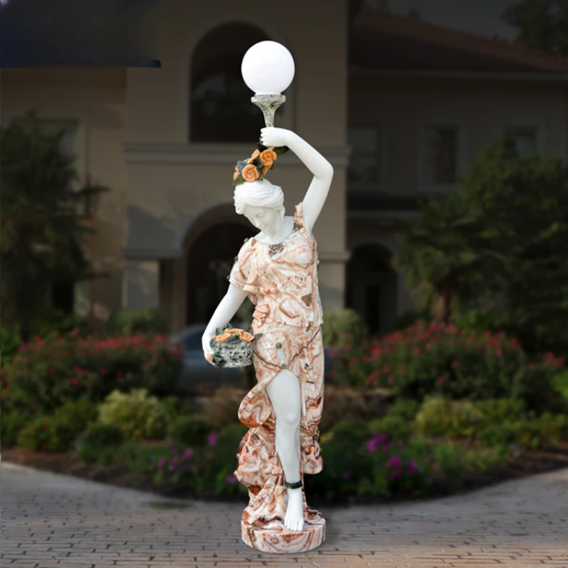 Life Size Famous Design Garden Outdoor Custom Hand Carved Mixed Red Color Stone Statue Marble Sculpture With Lamp