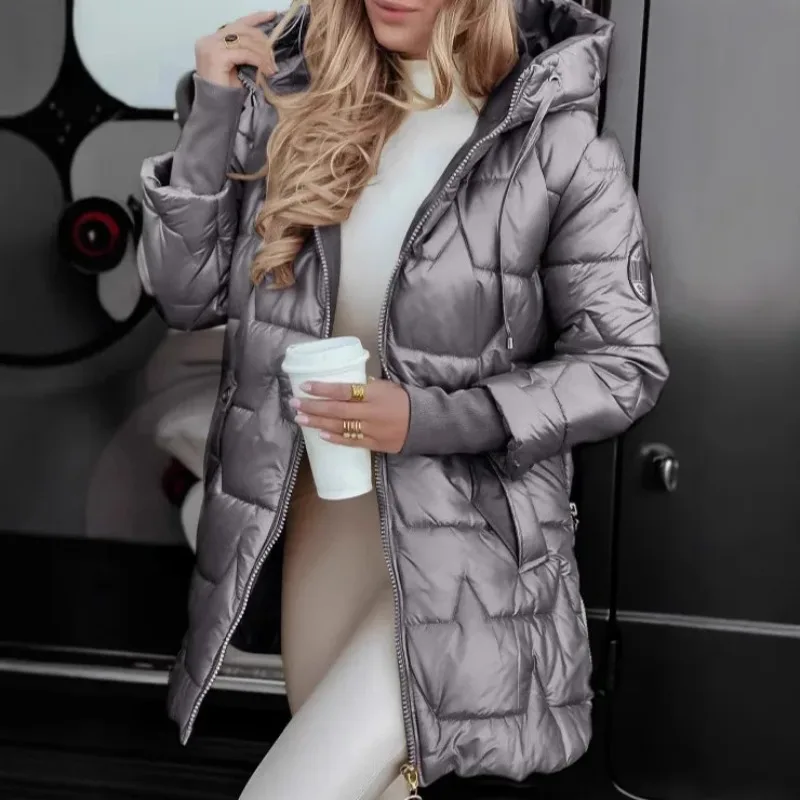

Fashion Hooded Loose Solid Color Zipper Cotton Jacket for Women Autumn Winter New Warm Hooded Long Line Coat