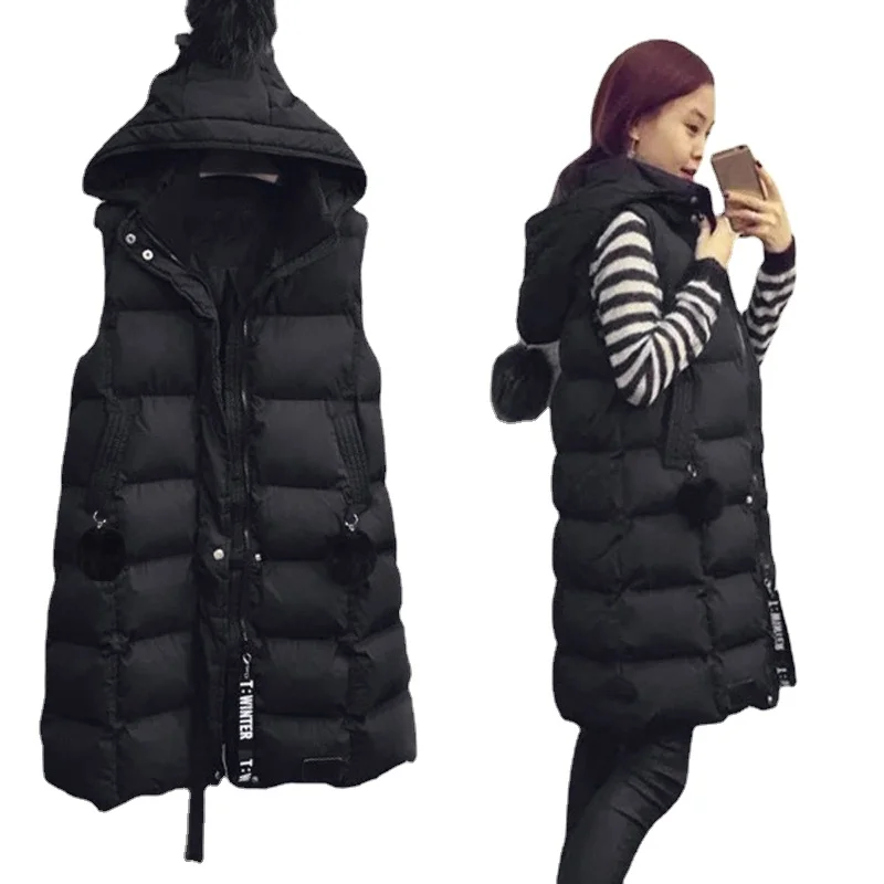 Autumn Winter Women Long Parkas Vest Warm Black Zipper Hooded Down Coat Parka Ladies Sleeveless Waistcoat Jacket Outwear