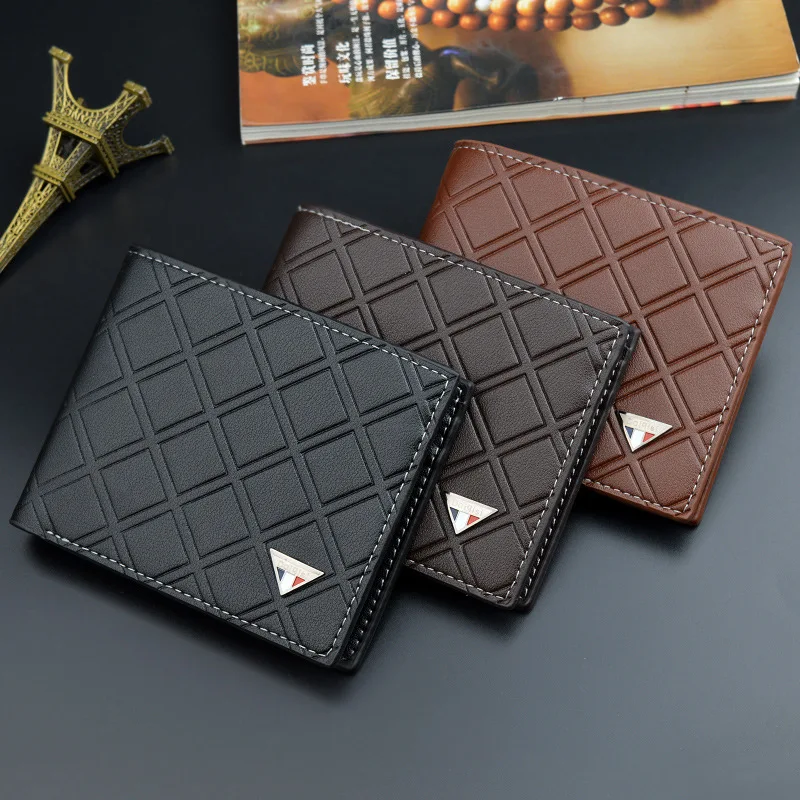 New Men's Short Wallet Fashionable Casual Plaid Multi-Card Thin Soft Pu Leather Coin Purse Youth Style Compact Money Holder