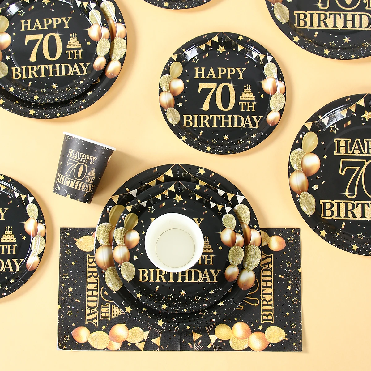 70th حفلة عيد ميلاد أدوات المائدة أطباق ورقية المناديل أكواب الذهب الأسود عيد ميلاد الديكور الرجال النساء 70 سنة عيد ميلاد الديكور