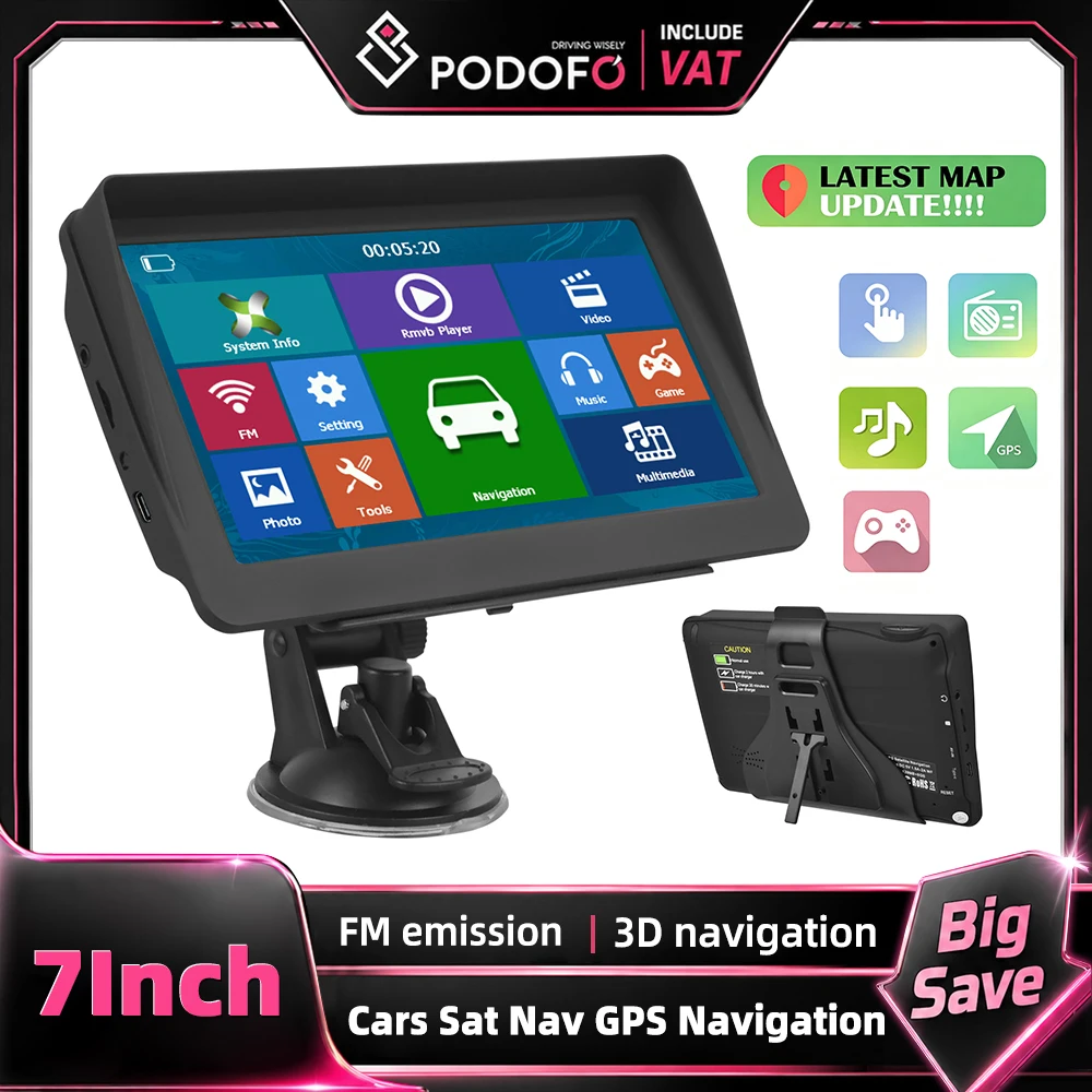 Podofo 7-Zoll-Autoradio mit 8 GB Speicher, Multimedia-Player, 3D-GPS-Navigation, ausfahrbarem Bildschirm, integriertem DDR256M/800MHz-Speicher, Unterstützung für TF/MMC-Karten, tragbarer Auto-Monitor,