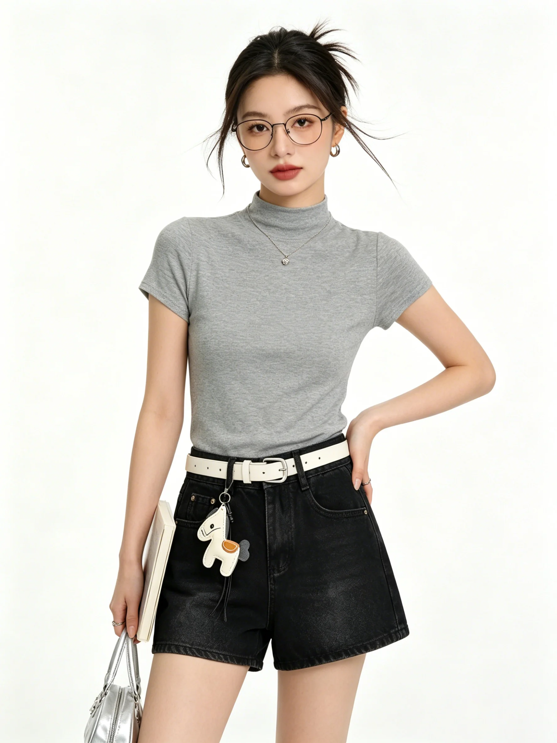Retro High Waist Slimming Black Denim Shorts with White  Pendant Belt Design Versatile Wide Leg A-Line Pants Summer